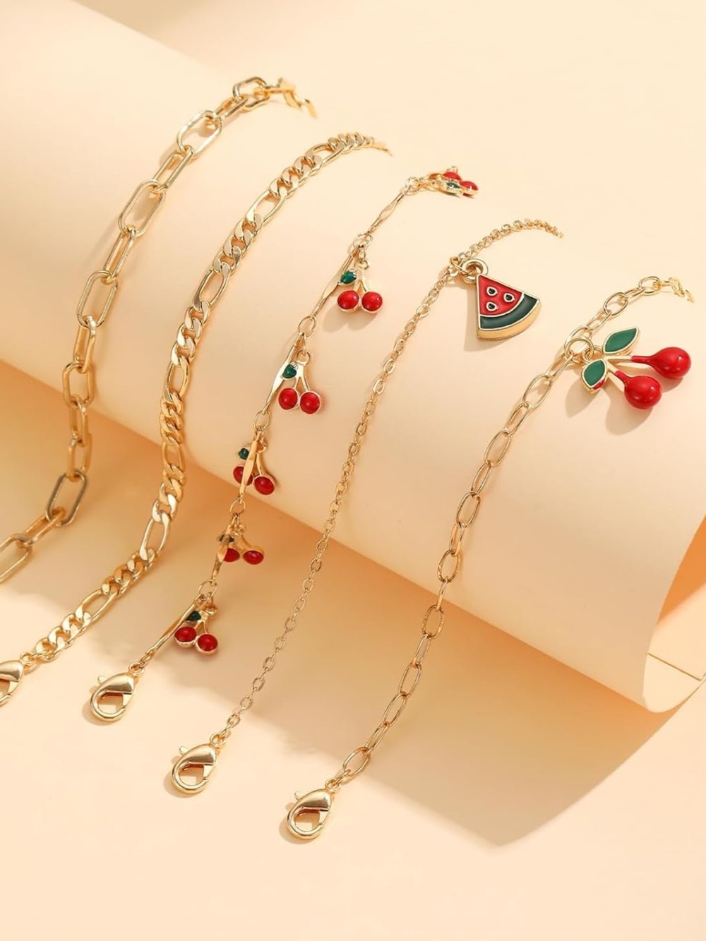 Anthropologie Gold-Tone Cherry & Watermelon Charm Bracelet Set - Red, Green